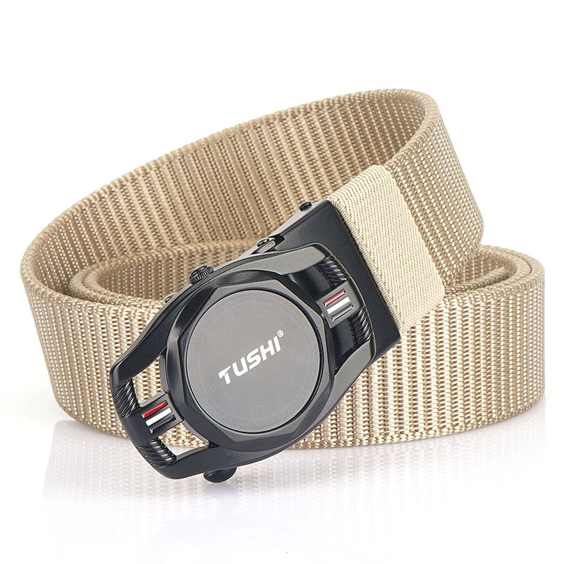 Automatic Men's Leather Belt Toothless Alloy Buckle Nylon Braided Belt Outdoor Tactical Casual Canvas Belt