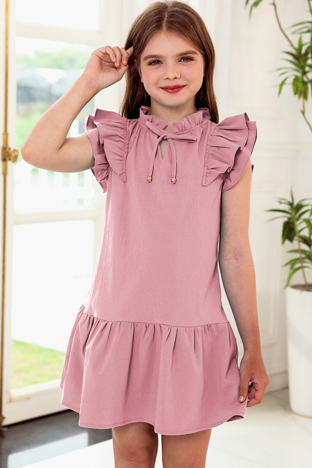 Tie Neck Flutter Sleeve Dress -  LOOCK MAKET