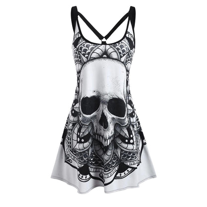 Women's sleeveless printed tank dress, fashionable women's casual backless Gothic dress, Halloween