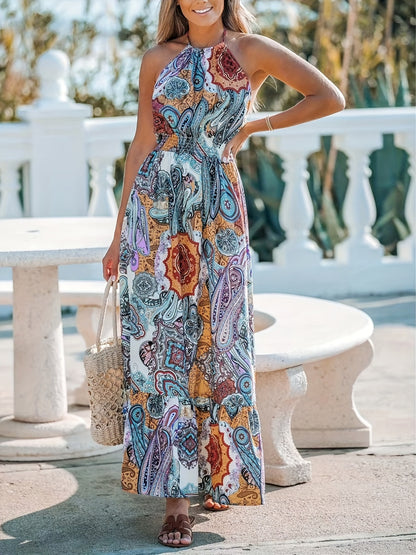 Printed Halter Neck Maxi Dress -  LOOCK MAKET