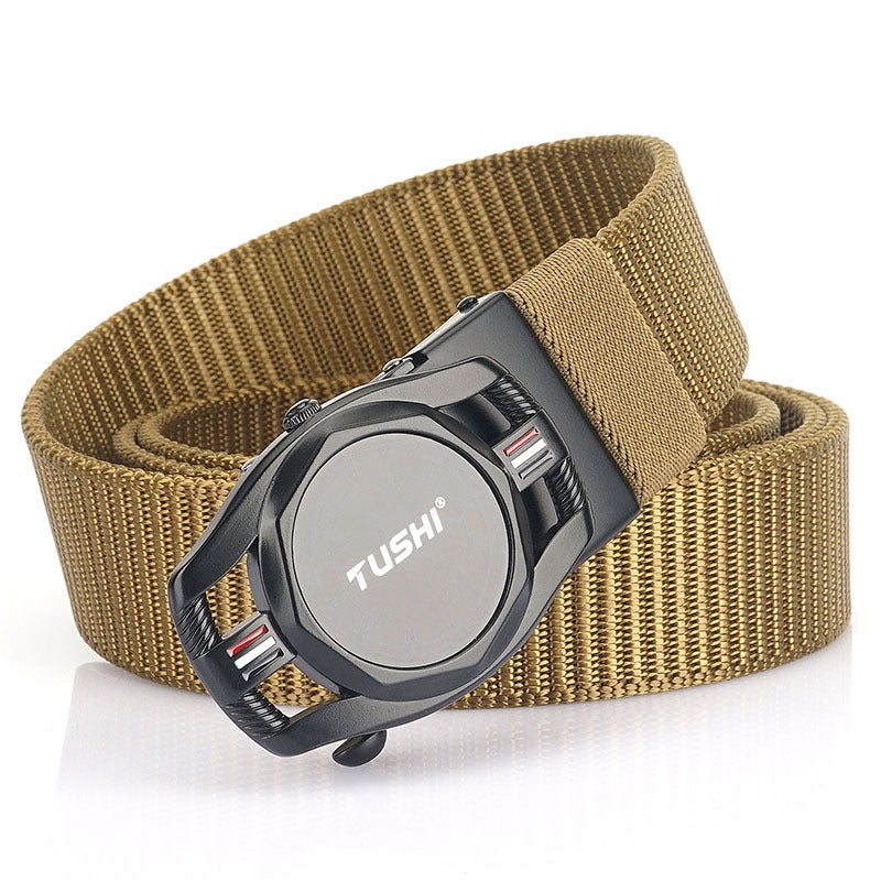 Automatic Men's Leather Belt Toothless Alloy Buckle Nylon Braided Belt Outdoor Tactical Casual Canvas Belt