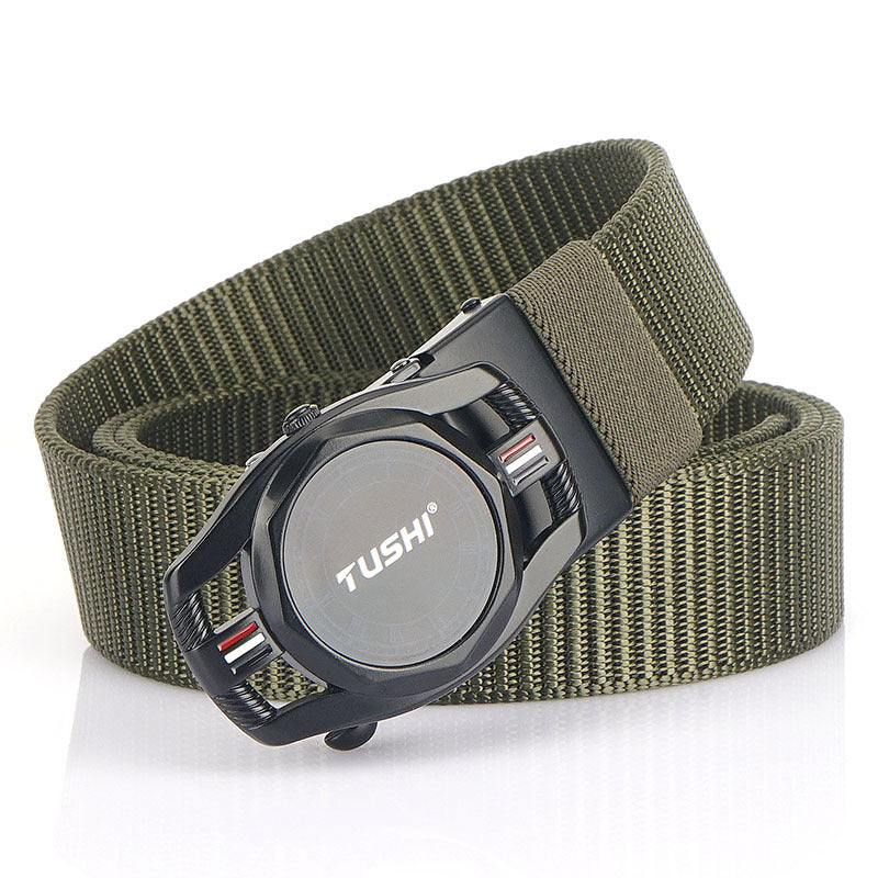 Automatic Men's Leather Belt Toothless Alloy Buckle Nylon Braided Belt Outdoor Tactical Casual Canvas Belt