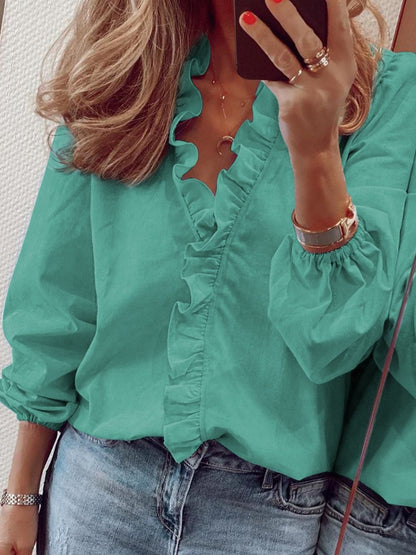 Full Size Ruffled V-Neck Long Sleeve Blouse -  LOOCK MAKET