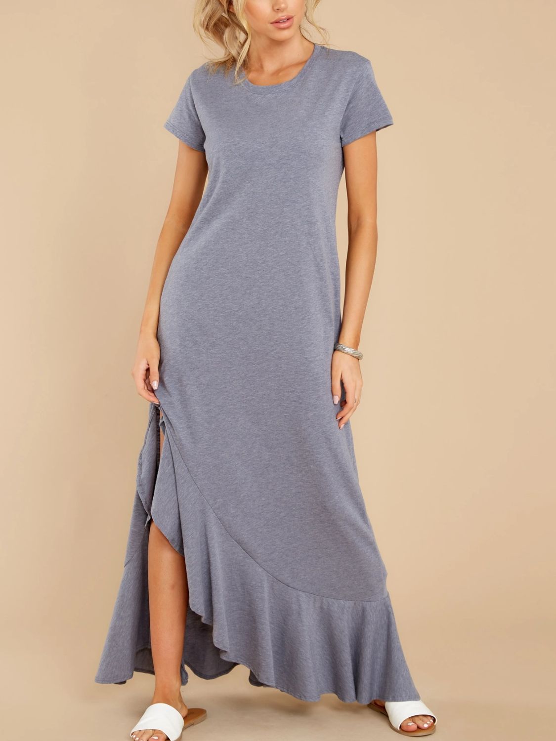 Slit Round Neck Short Sleeve Maxi Dress -  LOOCK MAKET