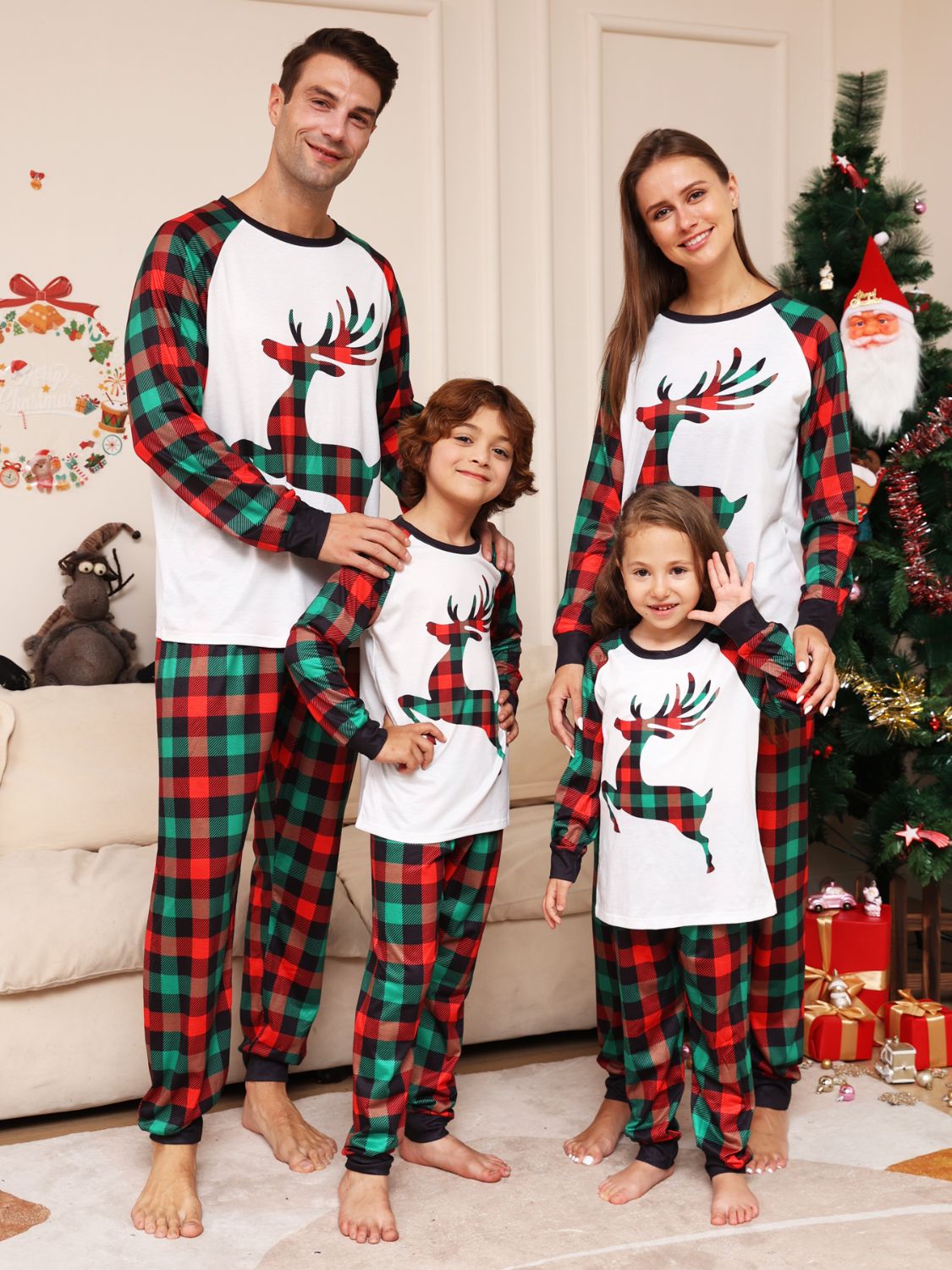 Full Size Reindeer Graphic Top and Plaid Pants Set -  LOOCK MAKET