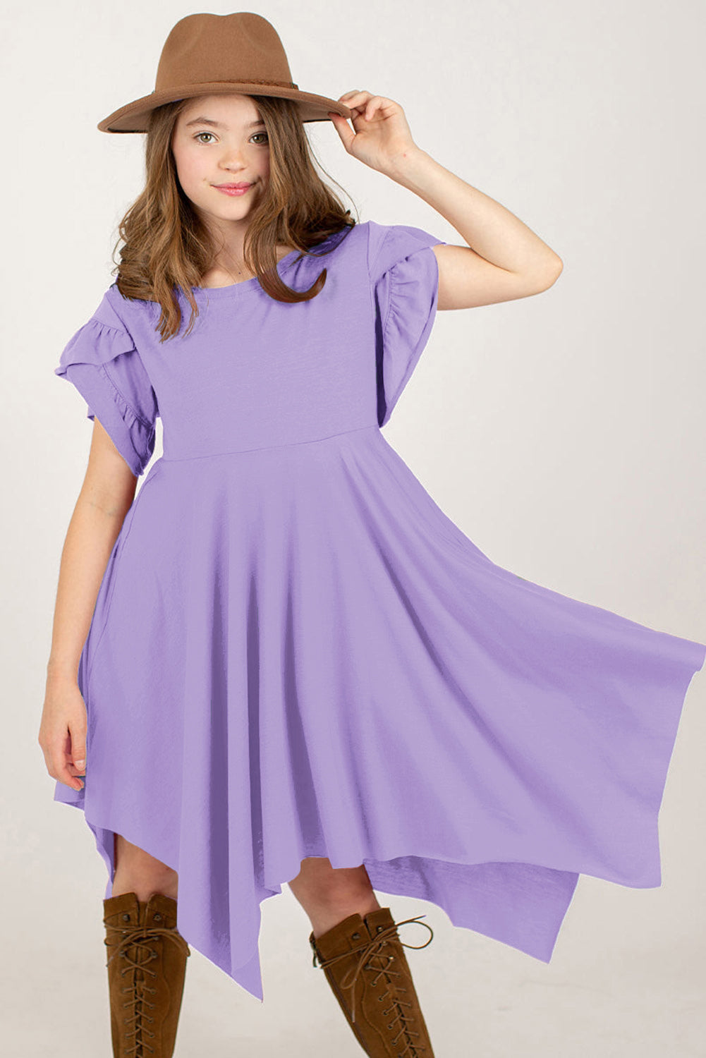 Round Neck Petal Sleeve Dress -  LOOCK MAKET