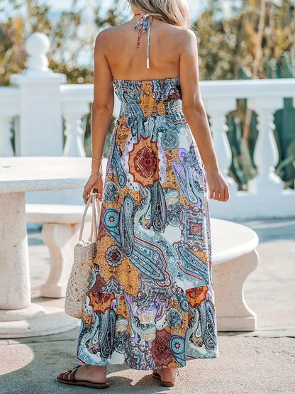 Printed Halter Neck Maxi Dress -  LOOCK MAKET