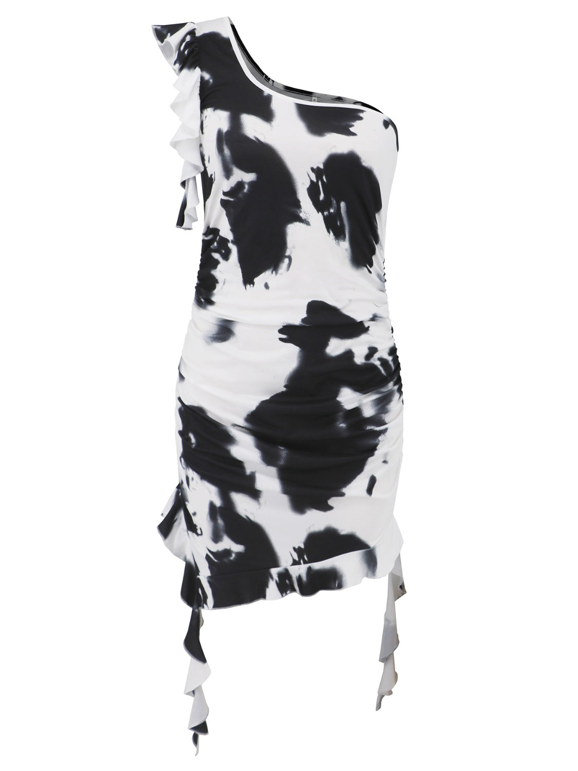 Ruffled Tie-Dye Single Shoulder Mini Dress -  LOOCK MAKET