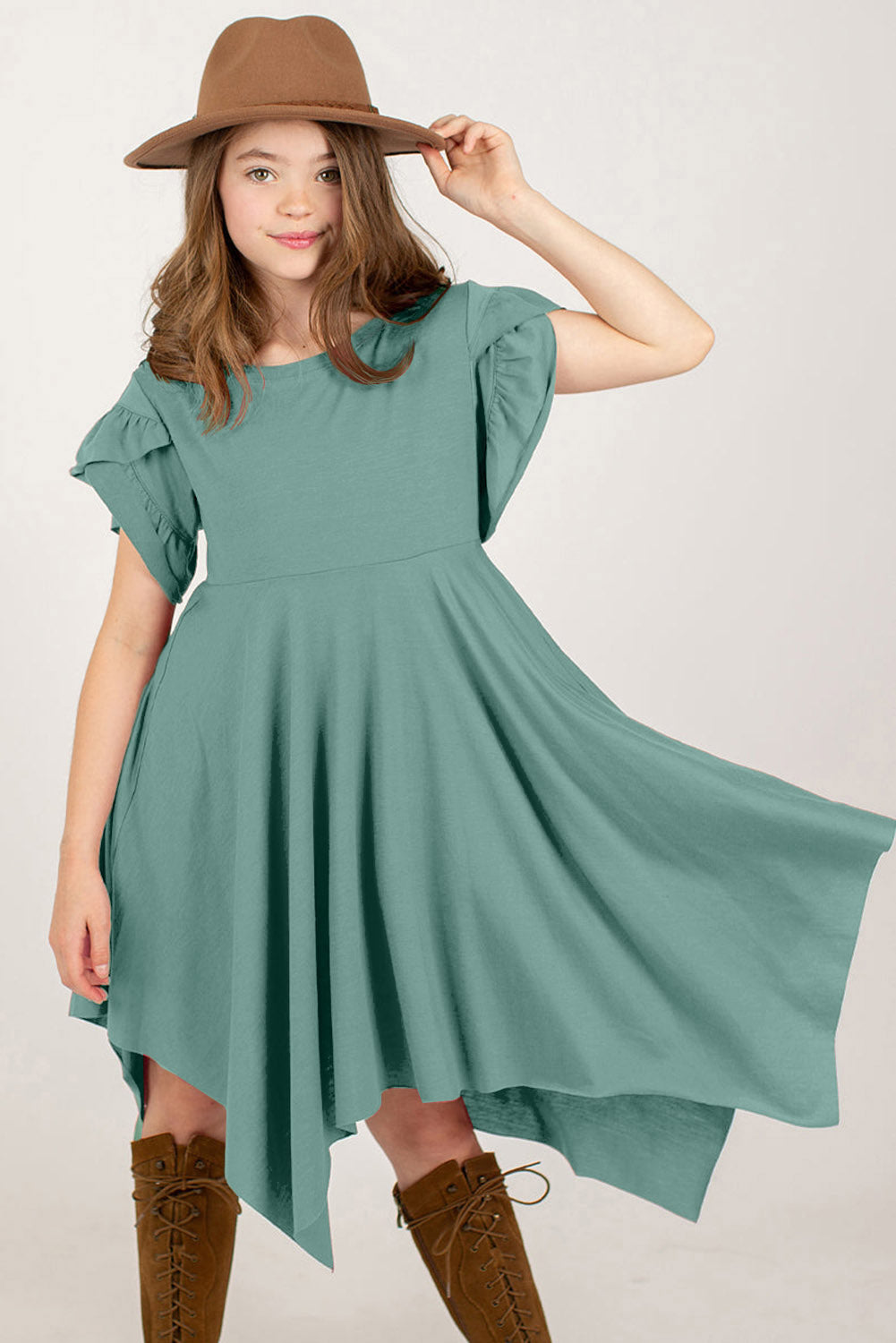 Round Neck Petal Sleeve Dress -  LOOCK MAKET