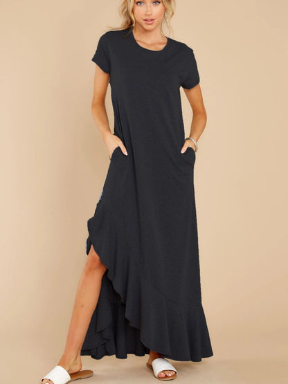 Slit Round Neck Short Sleeve Maxi Dress -  LOOCK MAKET