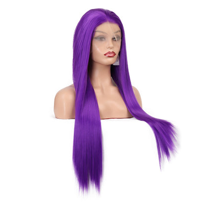 Natural Transition Wig Purple Chemical Fiber Front Lace Long Straight Hair Matte High Temperature Silk Headgear