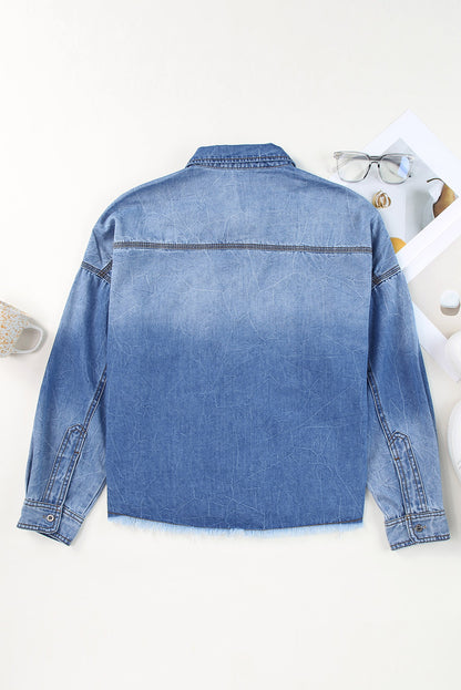 Raw Hem Sequin Football Long Sleeve Denim Jacket -  LOOCK MAKET