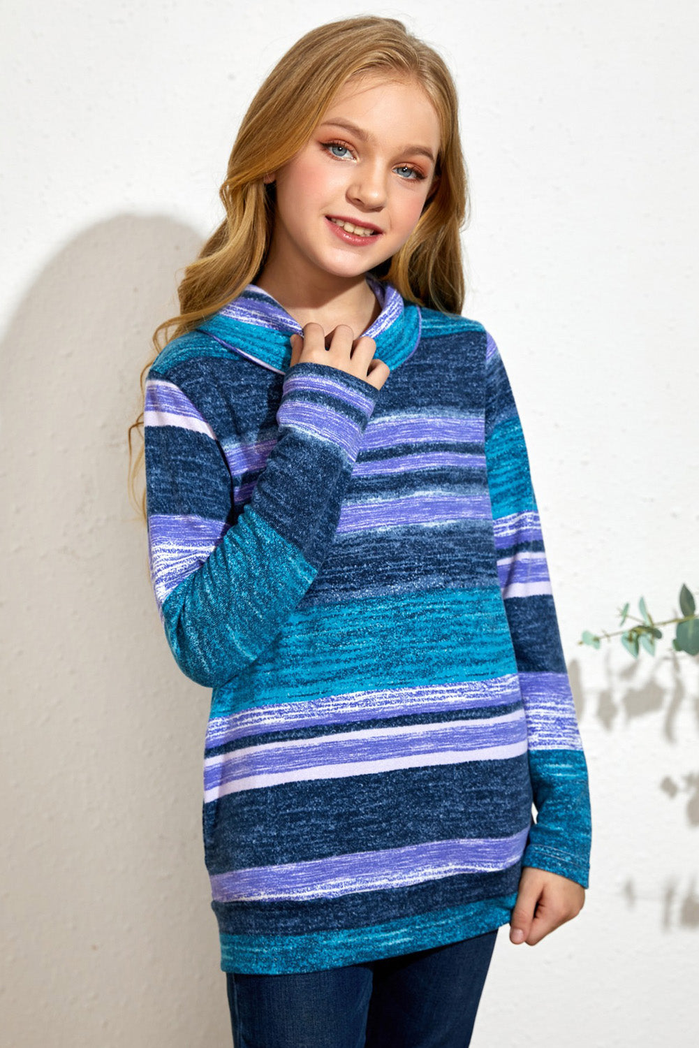 Girls Striped Cowl Neck Top with Pockets -  LOOCK MAKET