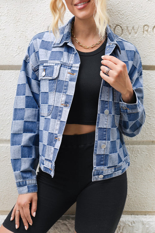 Checkered Button Up Long Sleeve Denim Jacket -  LOOCK MAKET