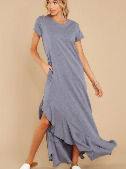 Slit Round Neck Short Sleeve Maxi Dress -  LOOCK MAKET