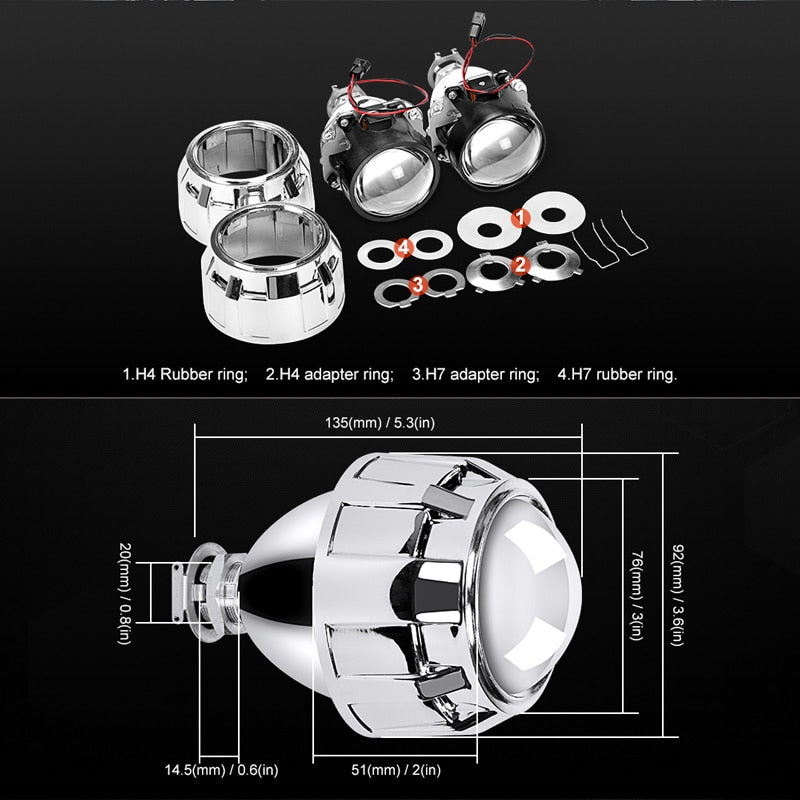 RACBOX 2Pcs 2.5 Inch Universal Bi Xenon HID Projector Lens Silver Black Shroud H1 Xenon LED Bulb H4 H7 Motorcycle Car Headlight