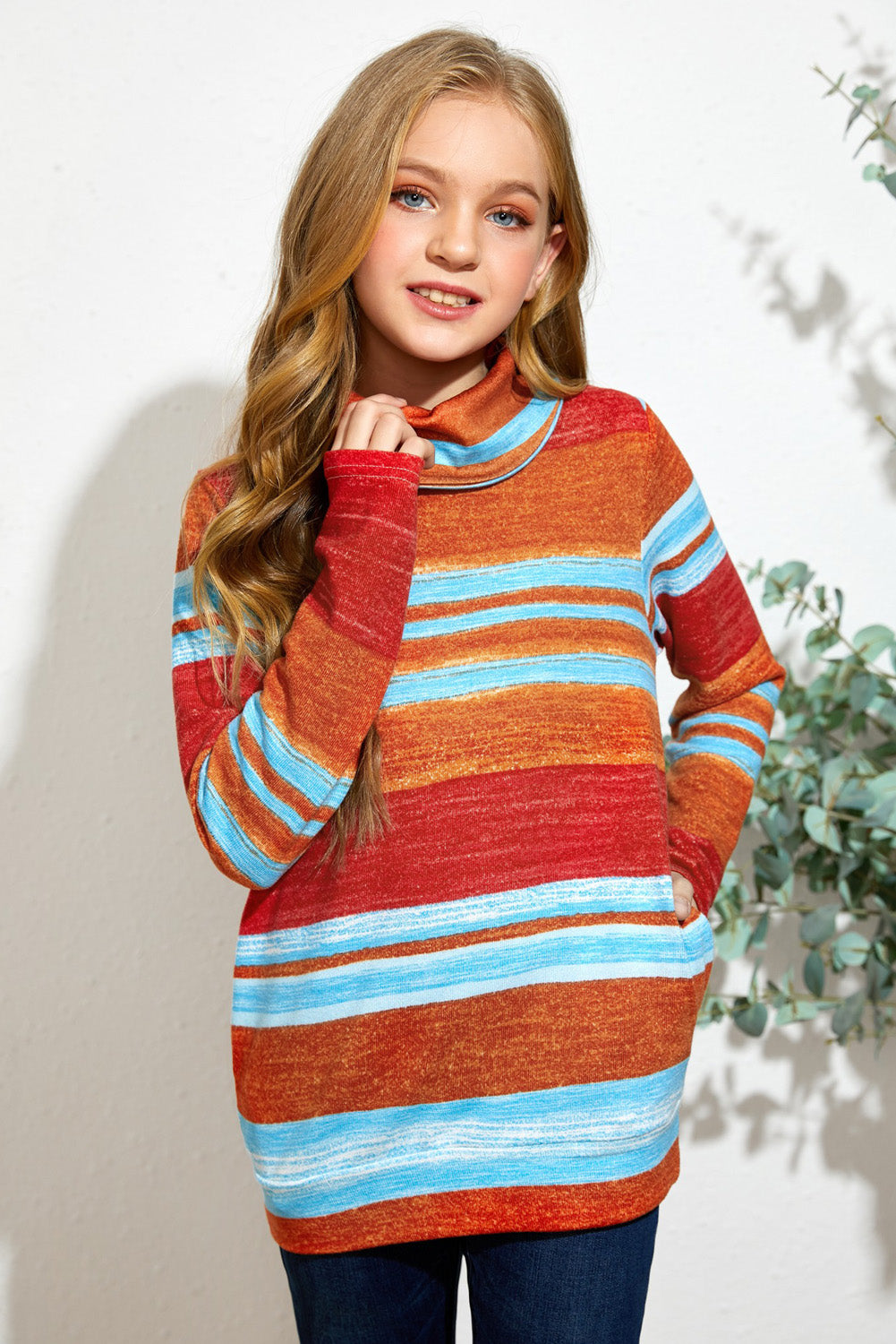 Girls Striped Cowl Neck Top with Pockets -  LOOCK MAKET