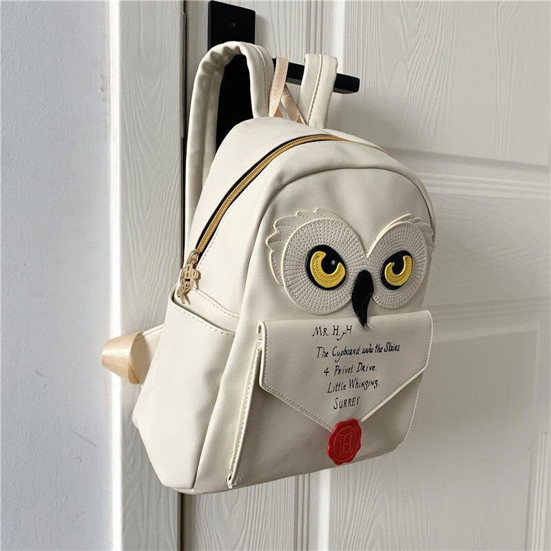 Cute Owl And Letter Messenger Bag Women Girls Small Bag Beige PU Backpack School Bag Shoulders Bag Cosplay Gift