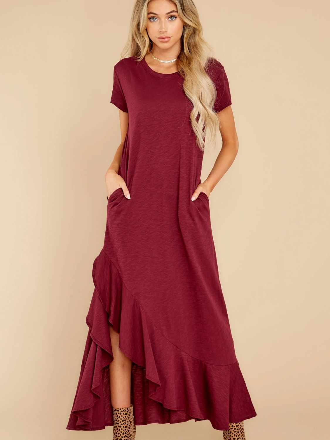 Slit Round Neck Short Sleeve Maxi Dress -  LOOCK MAKET