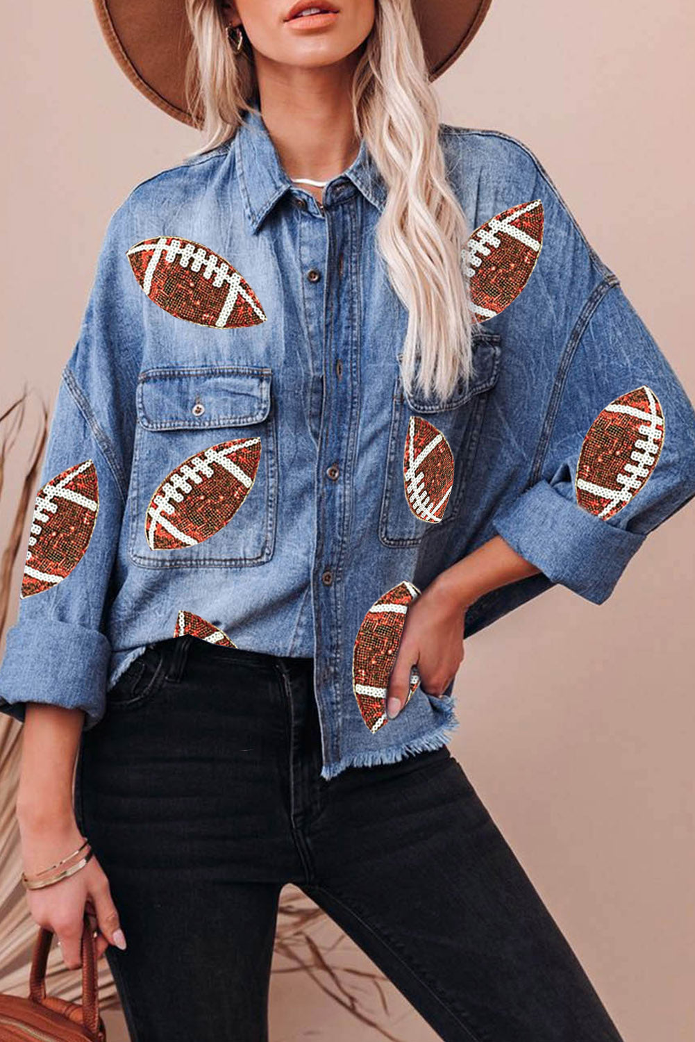 Raw Hem Sequin Football Long Sleeve Denim Jacket -  LOOCK MAKET