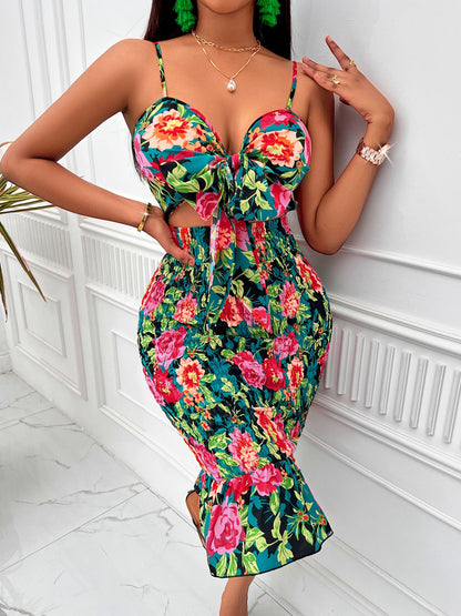 Floral Sweetheart Neck Cutout Dress -  LOOCK MAKET