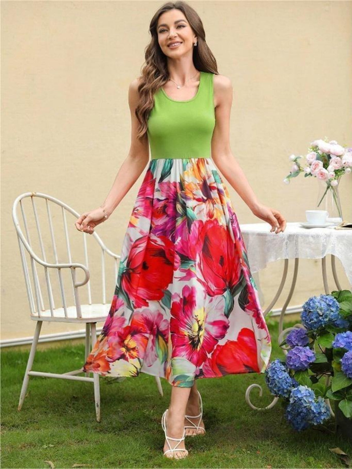 Printed Round Neck Sleeveless Dress -  LOOCK MAKET