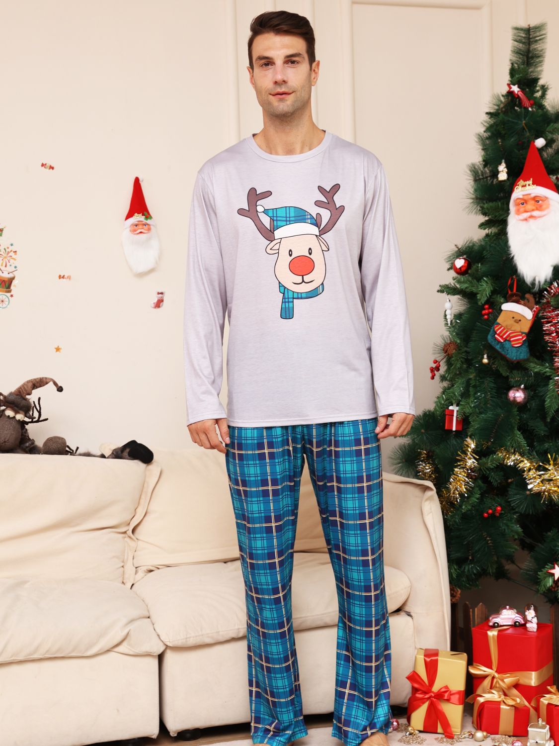 Full Size Rudolph Graphic Long Sleeve Top and Plaid Pants Set -  LOOCK MAKET