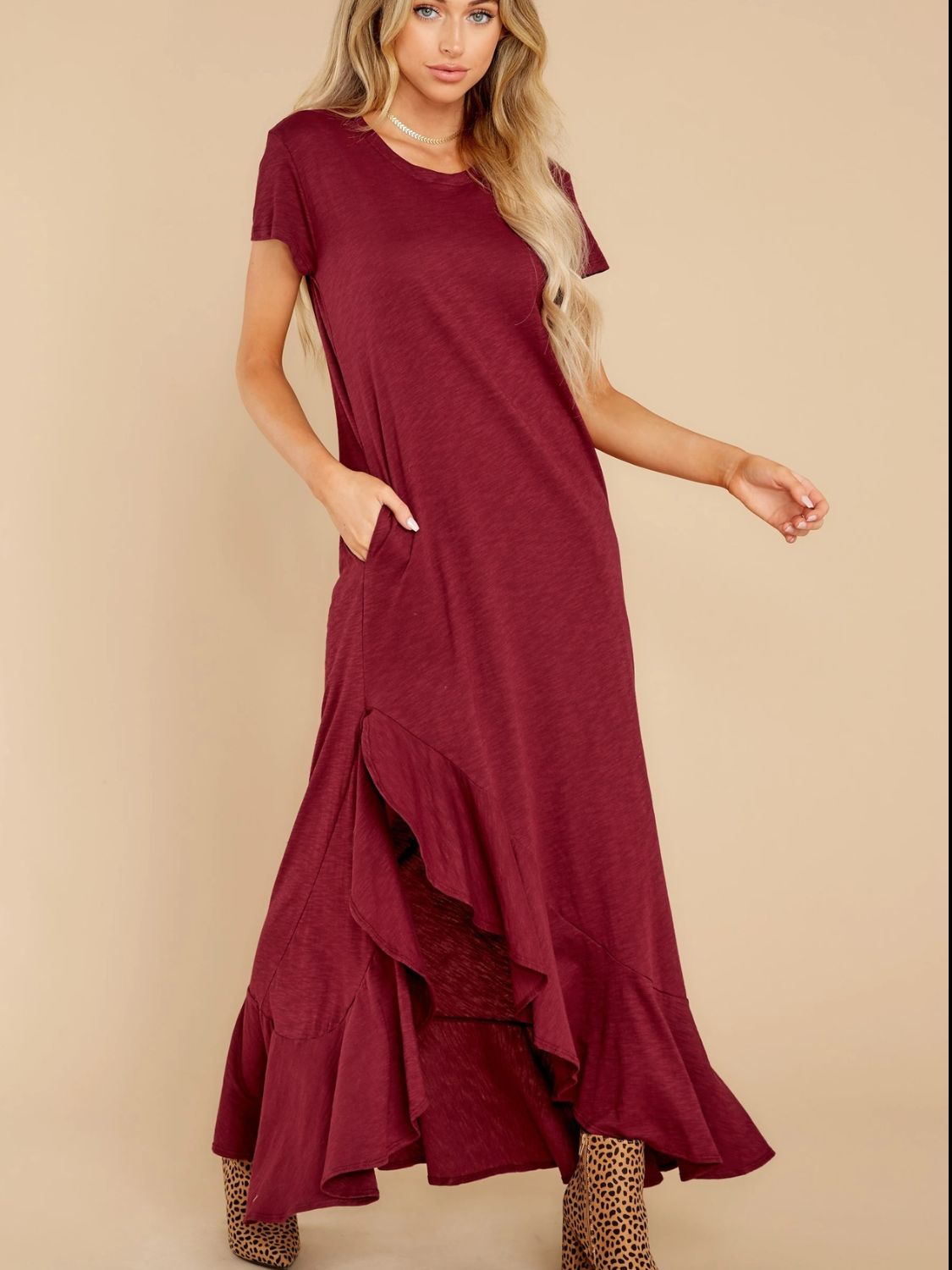 Slit Round Neck Short Sleeve Maxi Dress -  LOOCK MAKET