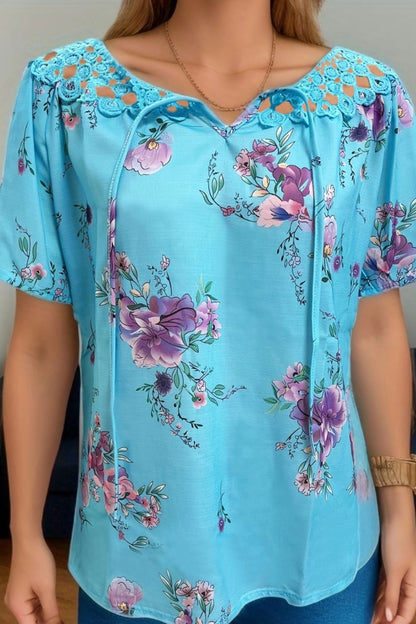 Full Size Printed Tie Neck Short Sleeve Blouse -  LOOCK MAKET