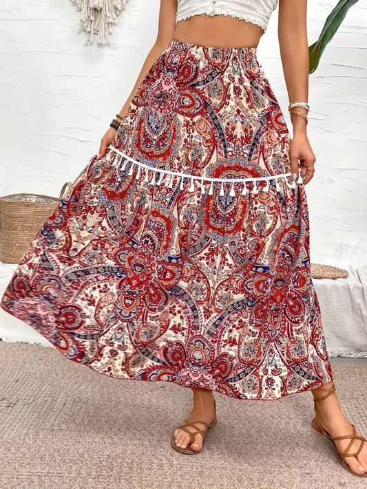 Printed Elastic Waist Midi Skirt -  LOOCK MAKET