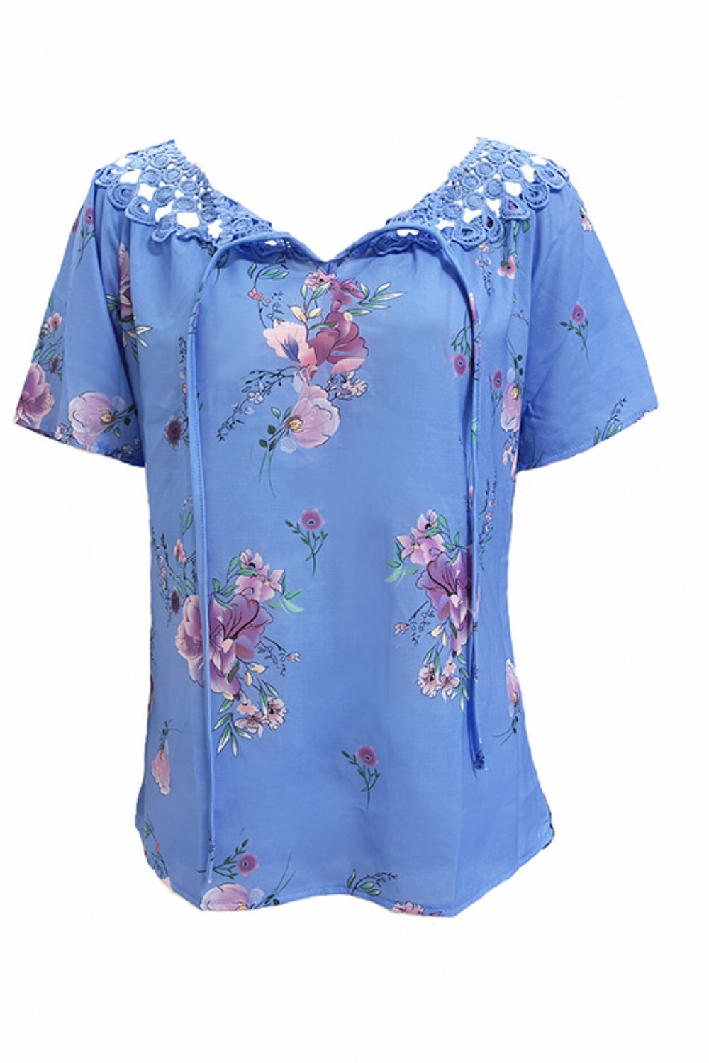 Full Size Printed Tie Neck Short Sleeve Blouse -  LOOCK MAKET