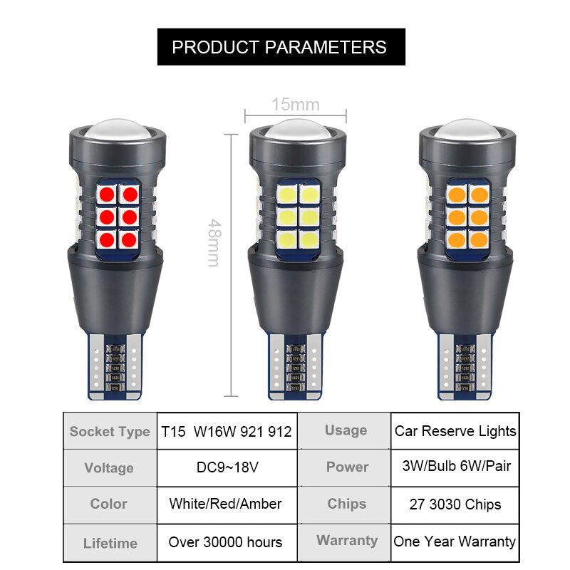 NLpearl 2x Signal Lamp W16W LED T15 921 912 Bulb Super Bright 3030 27SMD T15 Led Canbus Auto Backup Reserve Lights Tail Lamp 12V