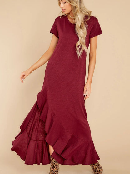 Slit Round Neck Short Sleeve Maxi Dress -  LOOCK MAKET