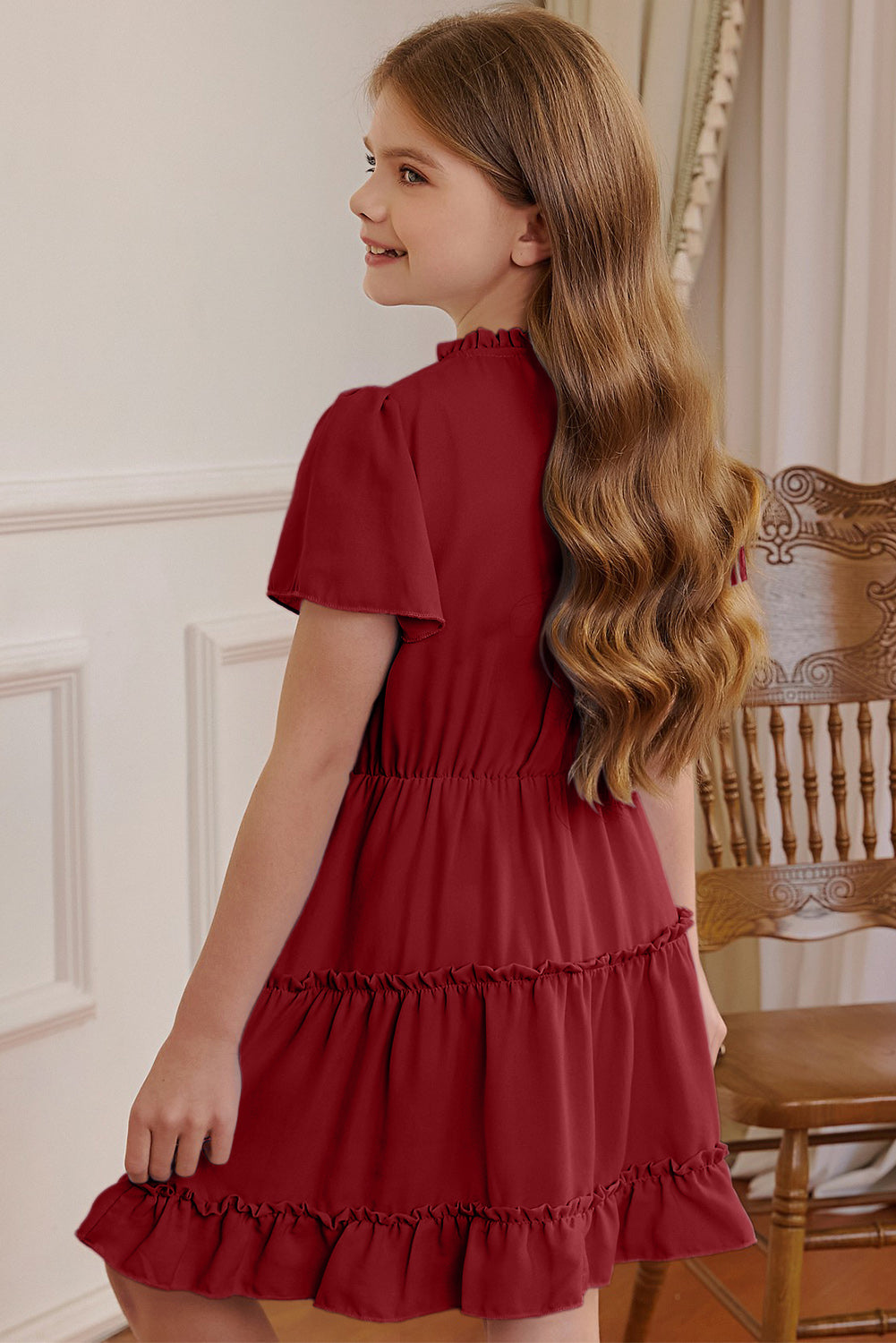 Girls Frilled Notched Neck Puff Sleeve Dress -  LOOCK MAKET