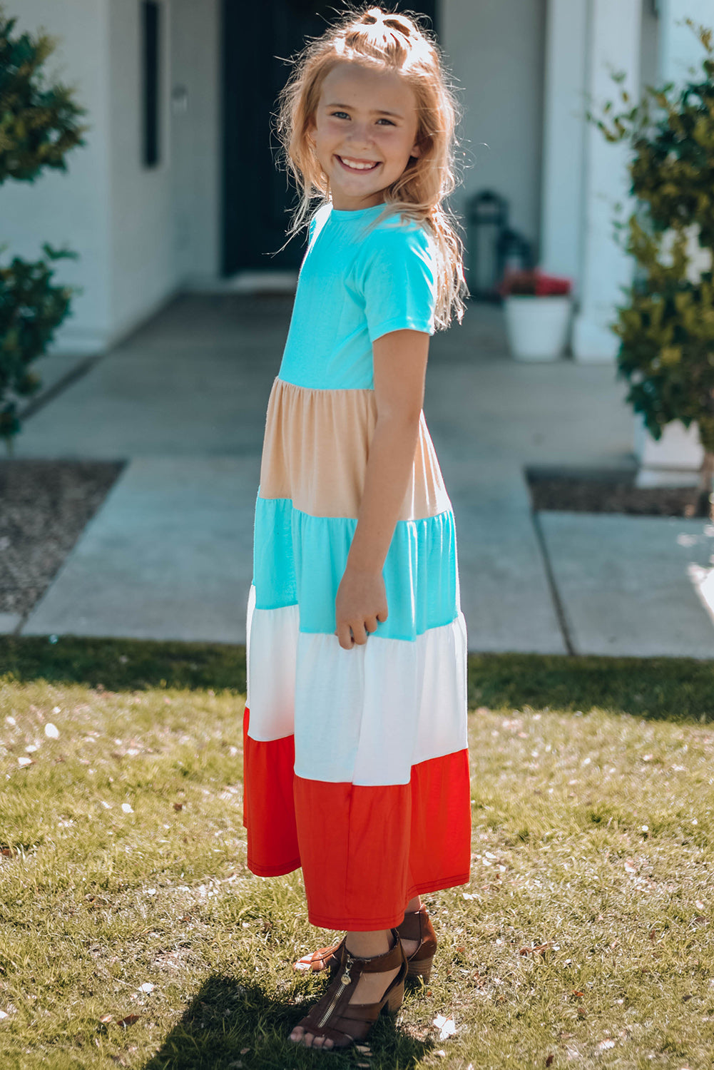 Girls Color Block Round Neck Maxi Dress -  LOOCK MAKET