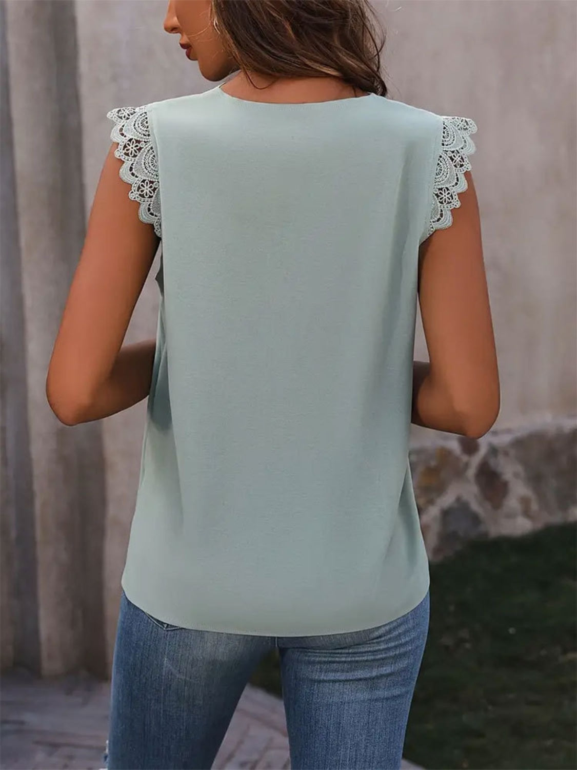 Lace Detail V-Neck Cap Sleeve Top -  LOOCK MAKET