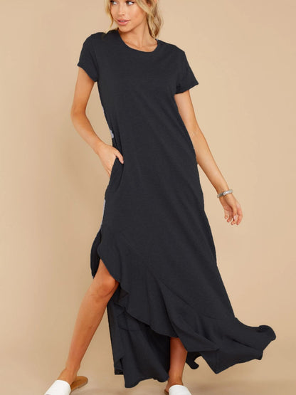 Slit Round Neck Short Sleeve Maxi Dress -  LOOCK MAKET