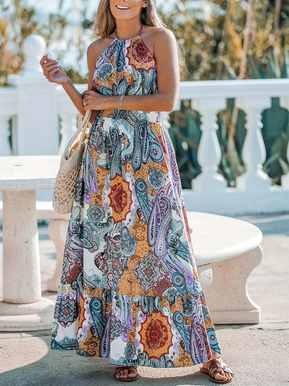 Printed Halter Neck Maxi Dress -  LOOCK MAKET