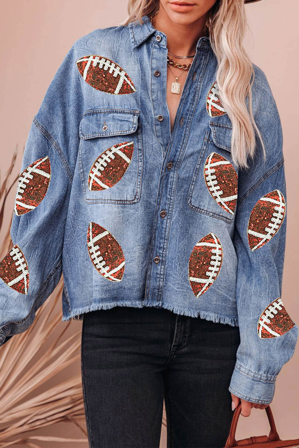 Raw Hem Sequin Football Long Sleeve Denim Jacket -  LOOCK MAKET