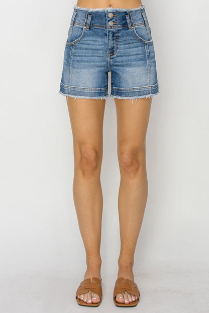 RISEN High Rise Seam Detailed Raw Edge Denim Shorts -  LOOCK MAKET