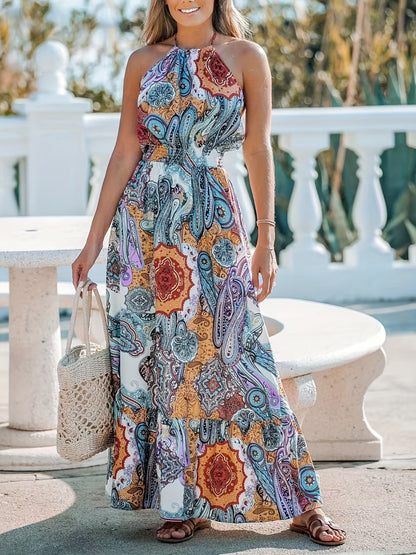 Printed Halter Neck Maxi Dress -  LOOCK MAKET