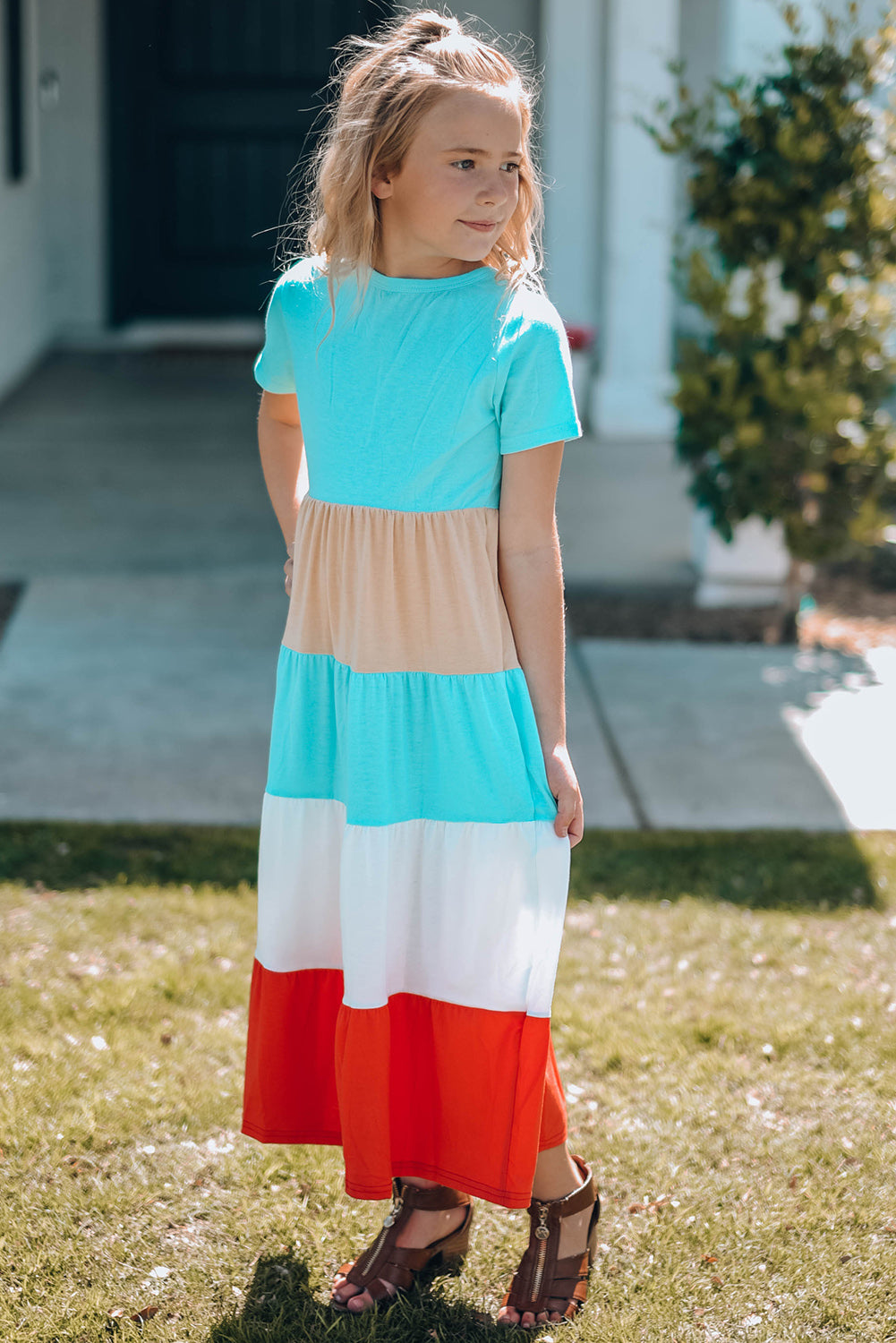 Girls Color Block Round Neck Maxi Dress -  LOOCK MAKET