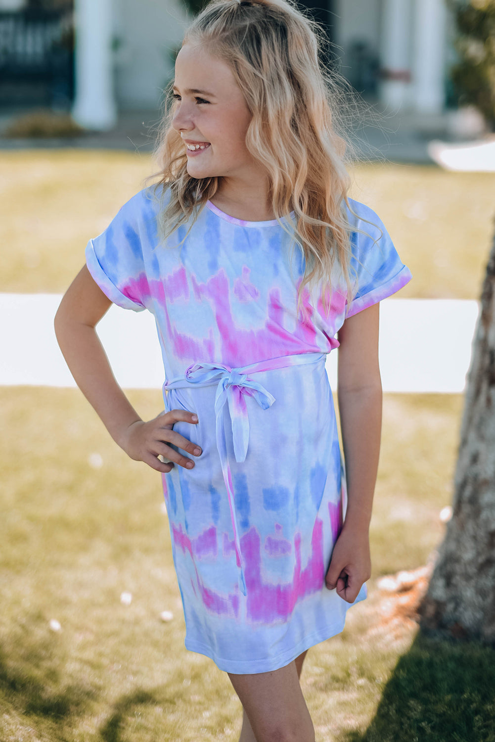 Girls Tie-Dye Belted T-Shirt Dress -  LOOCK MAKET