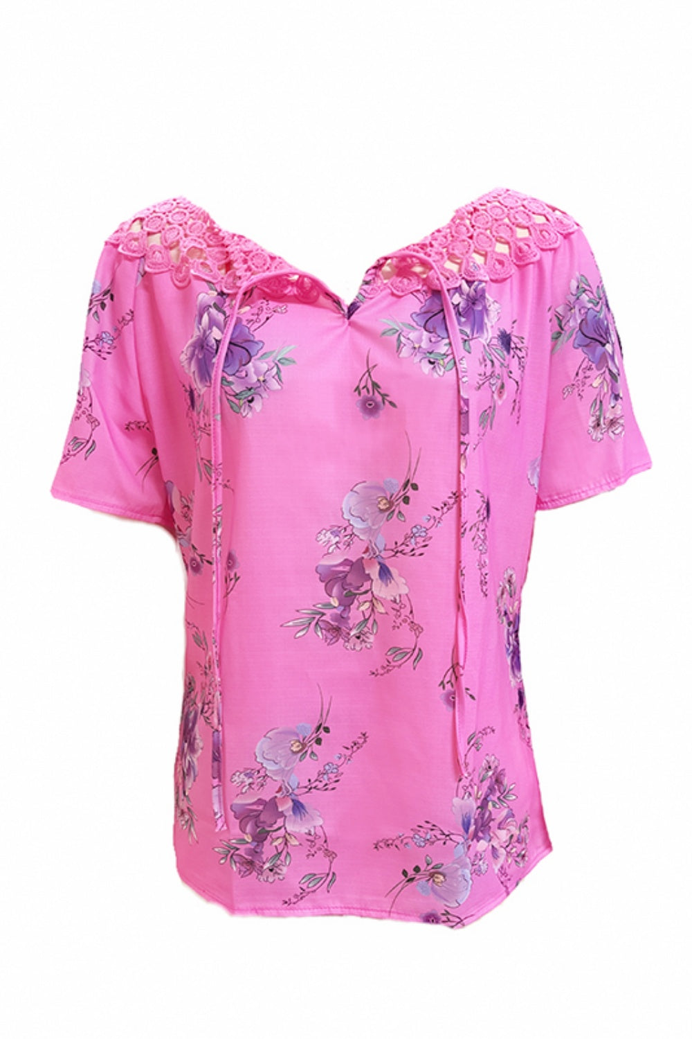 Full Size Printed Tie Neck Short Sleeve Blouse -  LOOCK MAKET