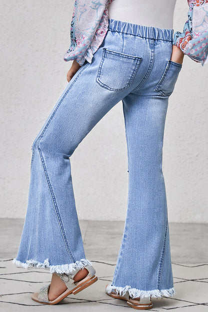 Girls Distressed Frayed Trim Flare Jeans -  LOOCK MAKET