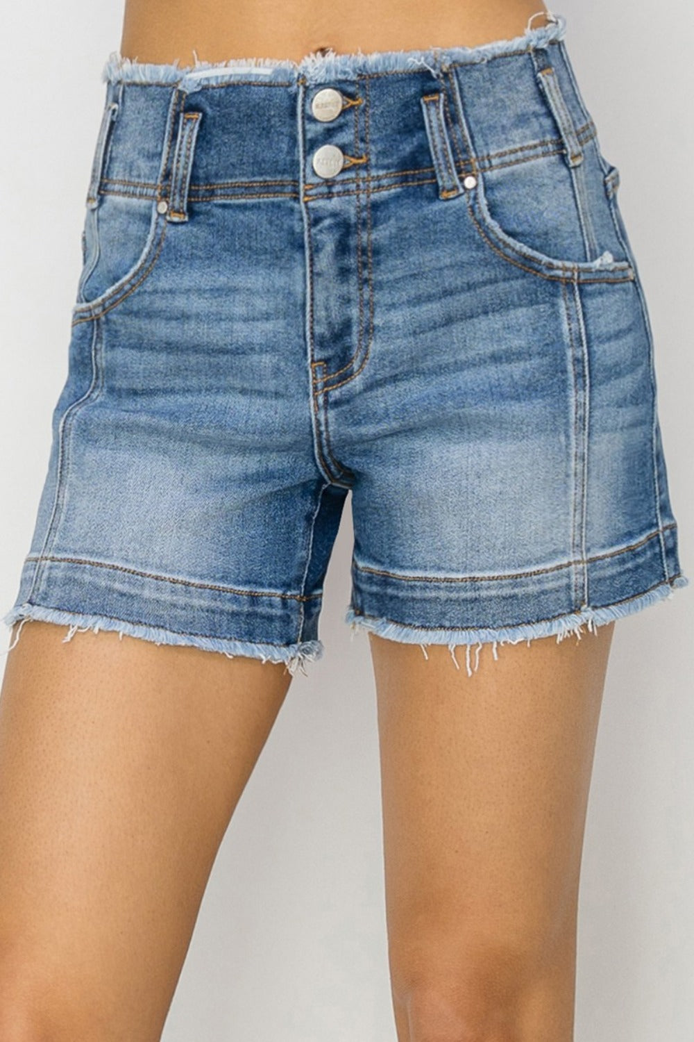 RISEN High Rise Seam Detailed Raw Edge Denim Shorts -  LOOCK MAKET