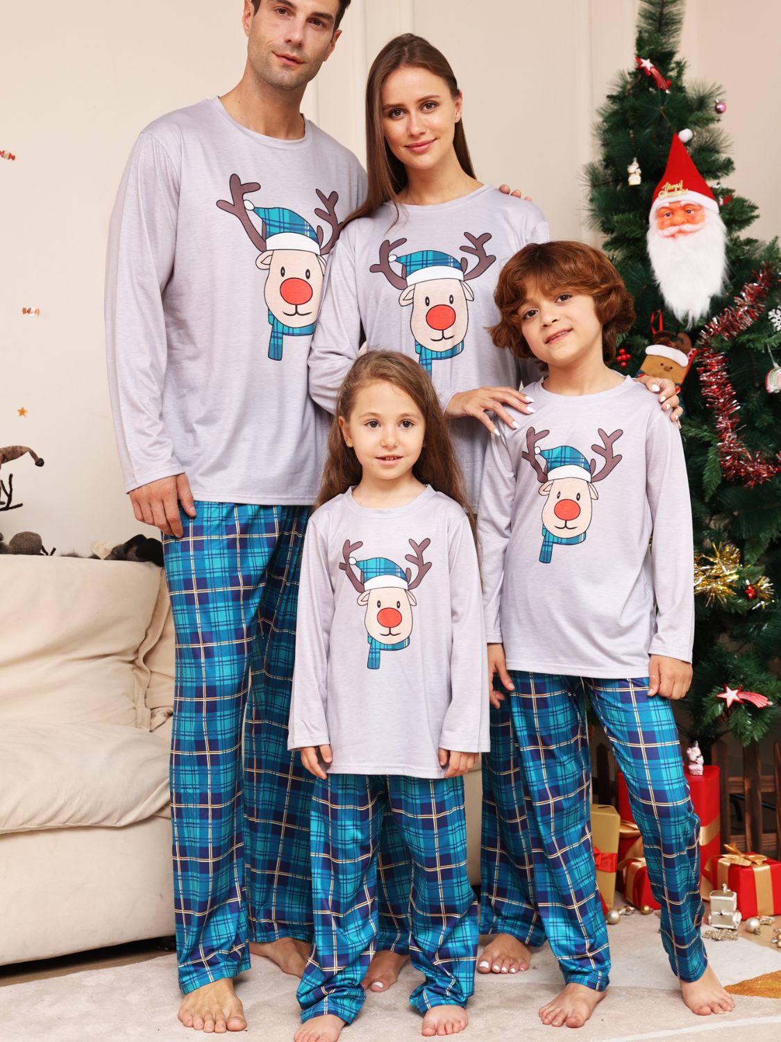 Full Size Rudolph Graphic Long Sleeve Top and Plaid Pants Set -  LOOCK MAKET