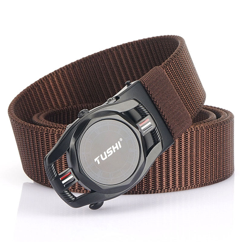 Automatic Men's Leather Belt Toothless Alloy Buckle Nylon Braided Belt Outdoor Tactical Casual Canvas Belt