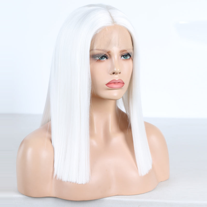 White Color Synthetic Hair Lace Part Wigs with Baby Hair Straight Hair Short BoB T Lace Wigs