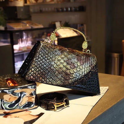 Snake grain leather fashionable portable trapezoid bag single shoulder crossbody bag